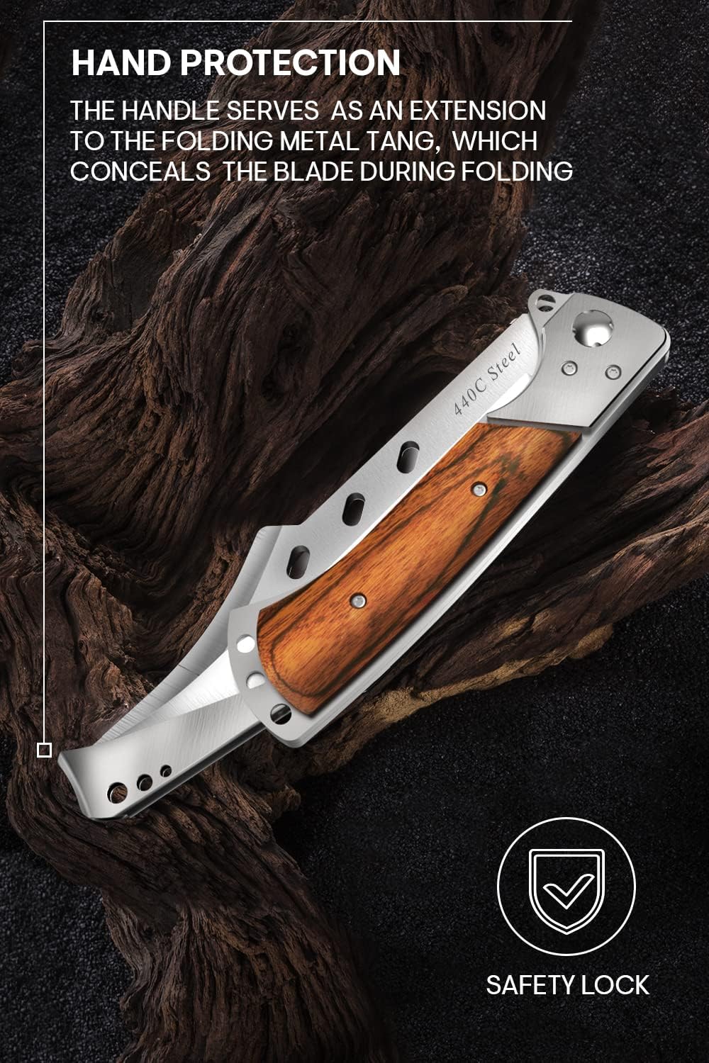 Long Blade Folding Knife - Sharp Hunting Hiking Camping Tactical Survival Work Knives for Men Women - Foldable Large Knife with Rosewood Handle - Fathers Gifts Idea - Mens Gift Ideas from Daughter, Son, Wife - Presents for Men 4172
