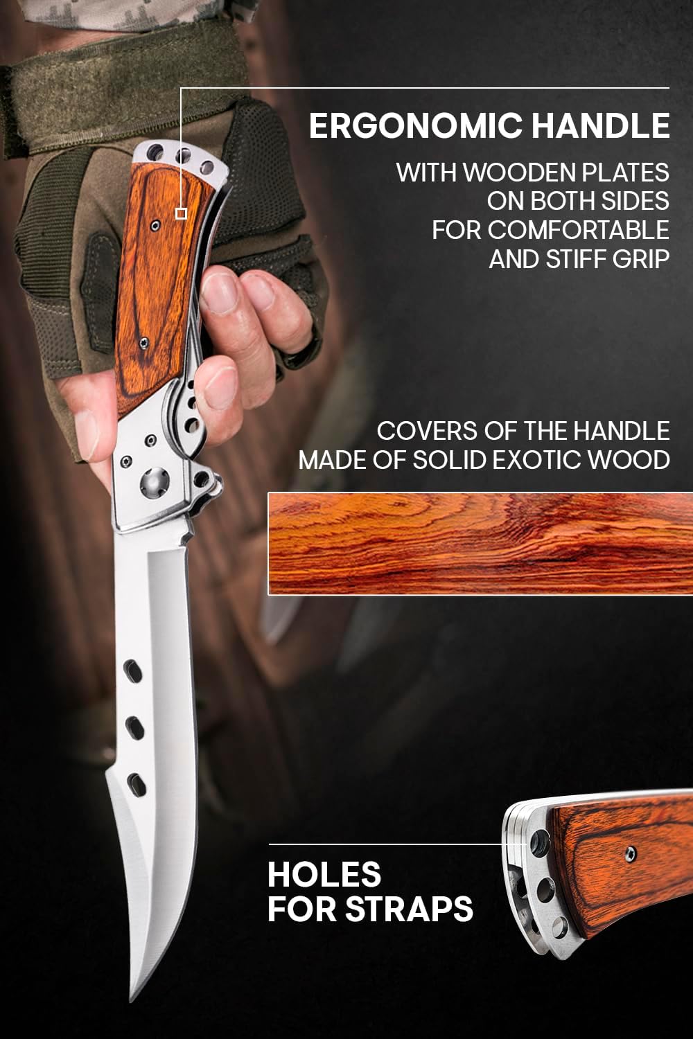 Long Blade Folding Knife - Sharp Hunting Hiking Camping Tactical Survival Work Knives for Men Women - Foldable Large Knife with Rosewood Handle - Fathers Gifts Idea - Mens Gift Ideas from Daughter, Son, Wife - Presents for Men 4172