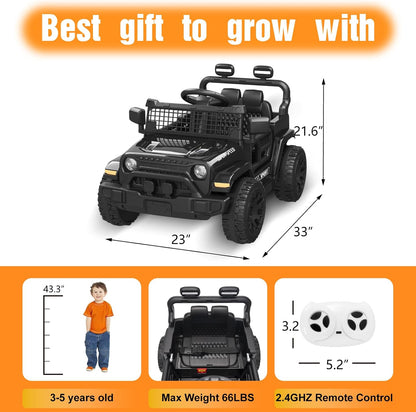12V Ride on Truck Car with Parent Remote Control, Electric Toys with Spring Suspension, LED Lights & Music Player - Safe Toddler Battery Car for Kids, Easy to Assemble, Black