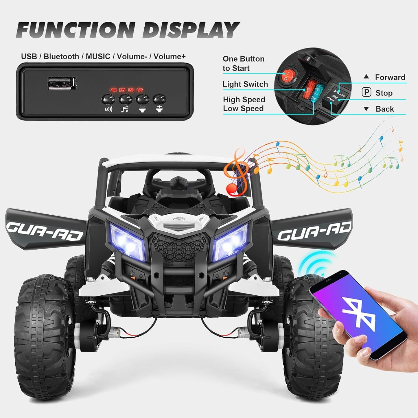 4WD Ride On Car, JOYLDIAS12V Battery Powered Electric Off-Road UTV for Kids, 4X4 Electric Vehicle with 4 Powerful Engines, 2.4G Remote Control, Music, Bluetooth, LED Lights for Boys and Girls, White