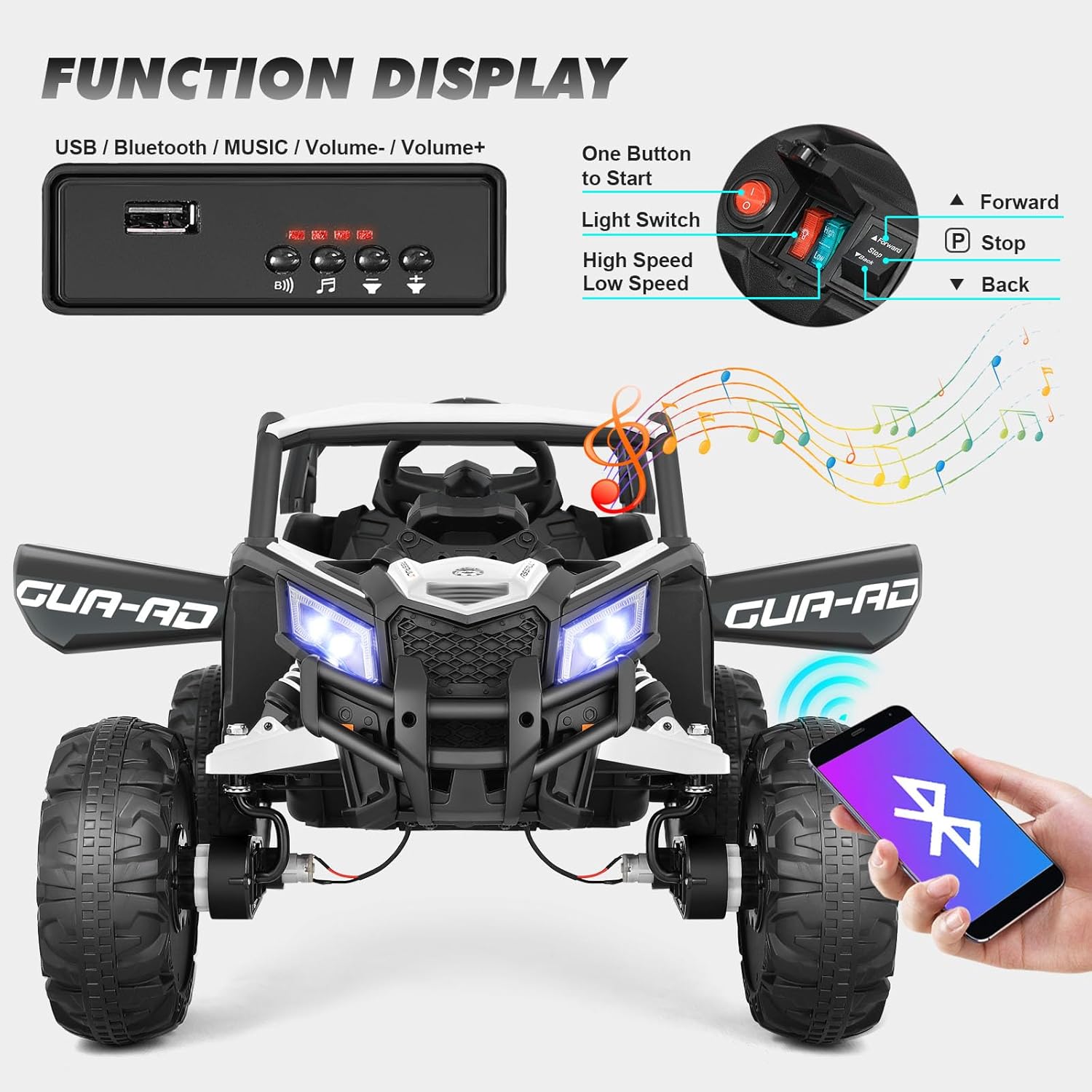 4WD Ride On Car, JOYLDIAS12V Battery Powered Electric Off-Road UTV for Kids, 4X4 Electric Vehicle with 4 Powerful Engines, 2.4G Remote Control, Music, Bluetooth, LED Lights for Boys and Girls, White