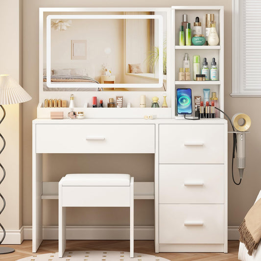 Vanity Desk with Mirror and Lights, 4 Drawers & Benches Vanity Desk Set, 3 Color Lighting Modes Adjustable Brightness Vanity for Bedroom Makeup Table