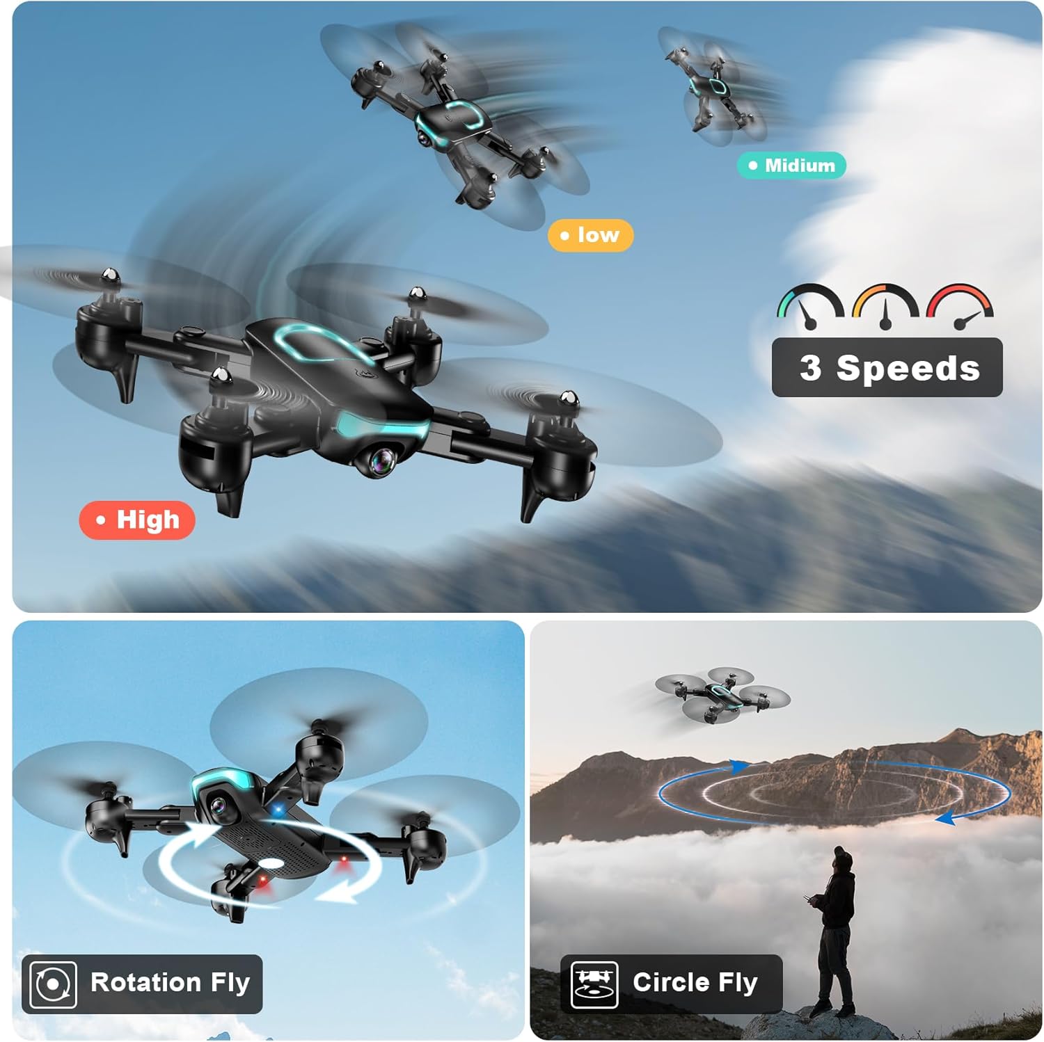 Drone with Camera, Foldable Drone for Beginners with 1080P Camera, Upgrade Altitude Hold, Circle/Rotating/Waypoint Fly, 3D Flip, One Key Start, 3 Speed Mode, 2 Batteries