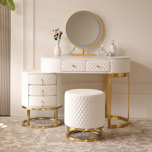 Faux Leather Makeup Vanity Desk Set with LED Lighted Mirror Luxury Dressing Makeup Table with Storage Drawers & Vanity Stool, White