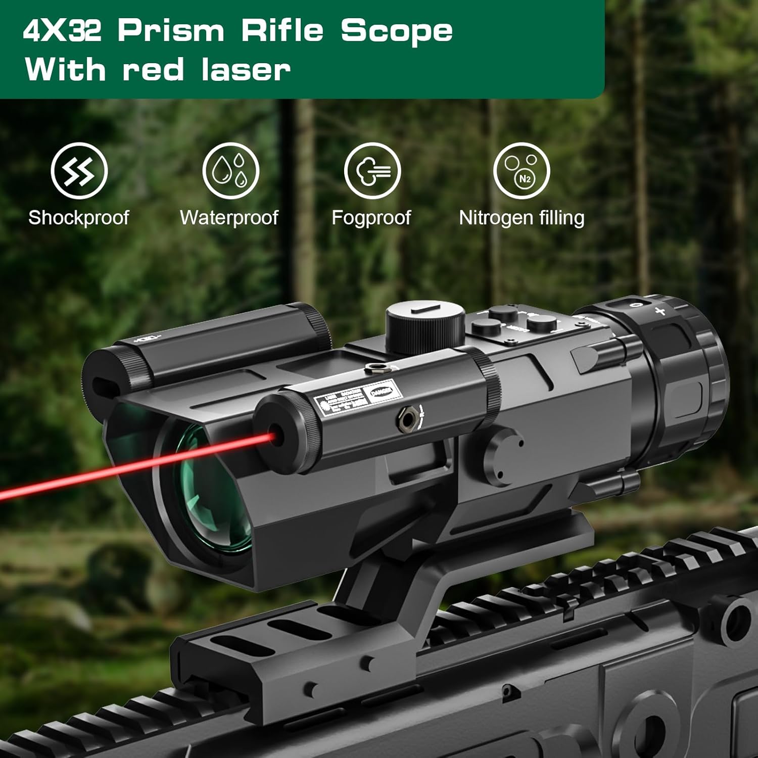 4X32 Tactical Rifle Scope with Red Laser Sight Red Illuminated Reticle Prism Optics Scope with 7 Brightness Levels Upgraded Buttons and Glass Etched Reticle Hunting Scopes for 20 mm Rail Mount