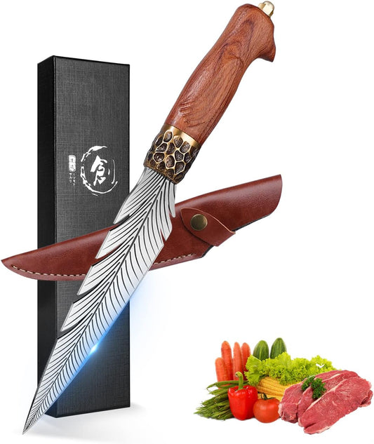 ROCOCO Feather Viking Knife Japanese Forged in Fire Boning Knife Fancy Kitchen Cleaver with Sheath Outdoor Camping BBQ Collection Birthday Thanksgiving Christmas Father Mother Gift 7"