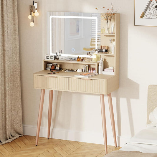 Fluted Makeup Vanity Desk with Mirror and Lights, 3 Color Modes & Adjustable Brightness Dressing Table, Small Vanity Table Set with 2 Drawers & Storage Shelves for Bedroom, Oak 31.5"