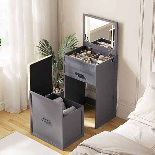 3 in 1 Vanity Desk with Flip Top Mirror and Led Lights, Compact Makeup Vanity with Charging Station, Vanity Table Set with Storage Drawers and Cushioned Stool for Bedroom, Grey
