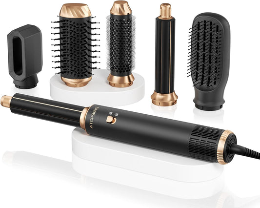 Blow Dryer Brush Set, 6-in-1 Hot Air Styler, Negative Ionic Hair Dryer Brush, 1000W Professional Hair Styling Tools, 3 Heat/Cool Settings, Auto Curling, Fast Drying, Ideal Gifting (Black)