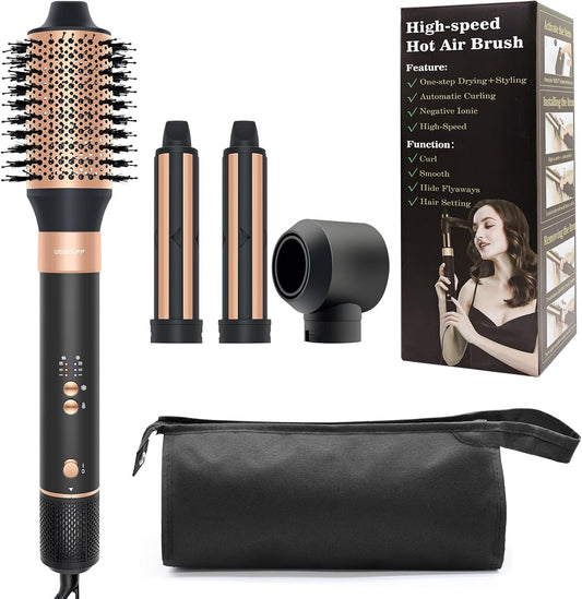 Air Hair Dryer Brush Styler, Auto Wrap Curlers, High-Speed Oval Blow Brush Hair Dryer (Black-Golden)