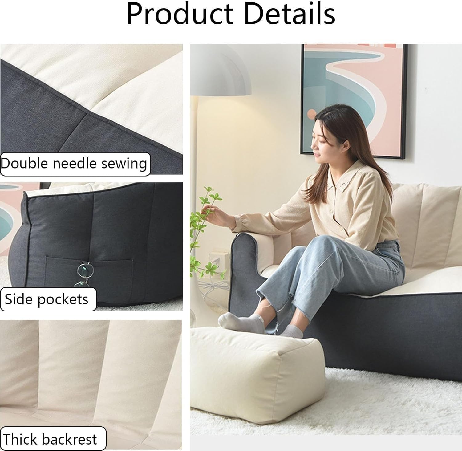 Large Bean Bag Chair for Adults with Footrests - 45in Oversized Comfy Gray or Beige Beanbag Sofa, Double Needle Sewing & Storage Bag, Bean Bag Couch for Living Room, Bedroom, Dorm & Outdoor(Beige)