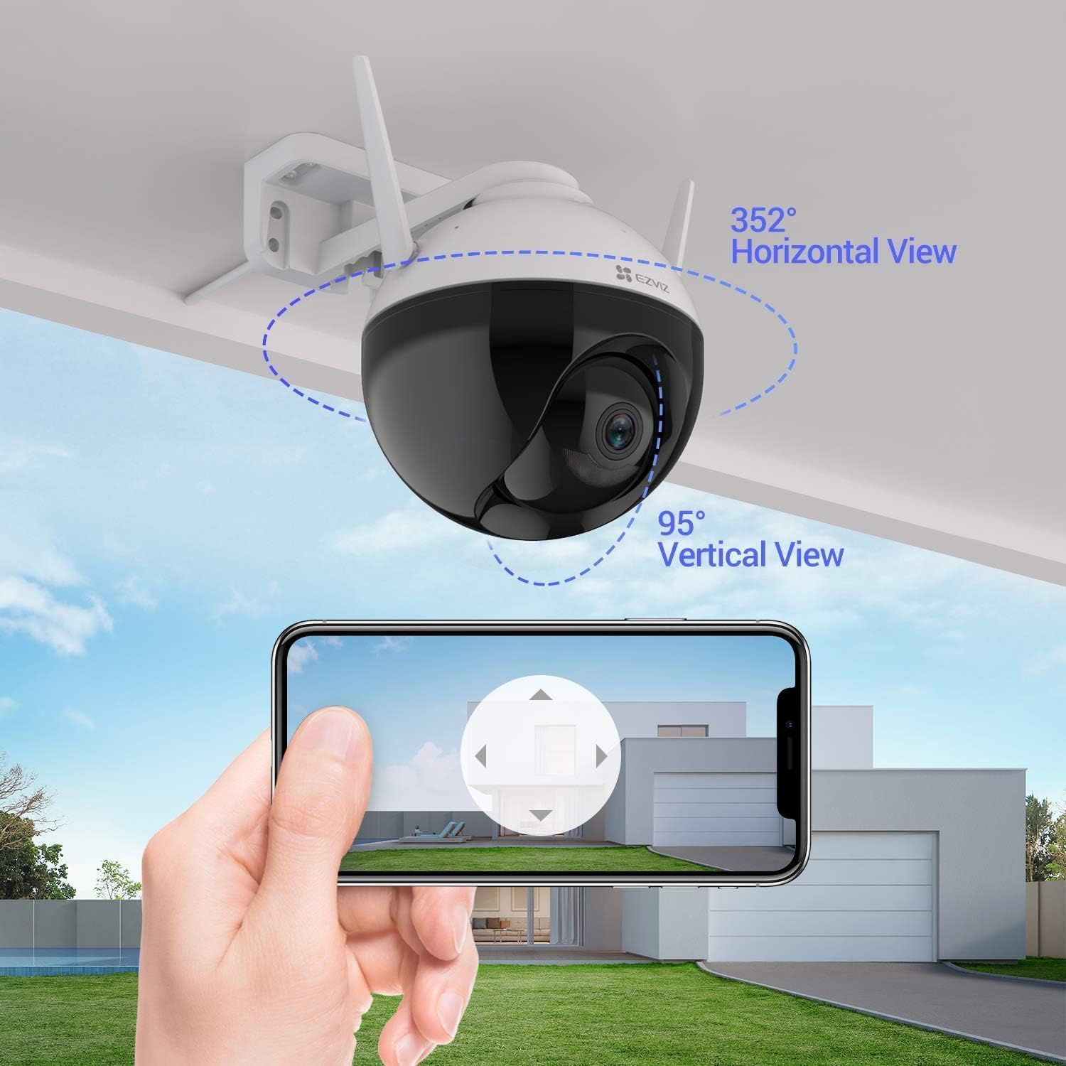 EZVIZ 360° Security Camera Outdoor, WiFi Camera for Home Security, Surveillance Camera, No Subscription with Motion Detection, Color Night Vision, Audio Pick-up, Waterproof, Alexa/Google, 256GB| C8C