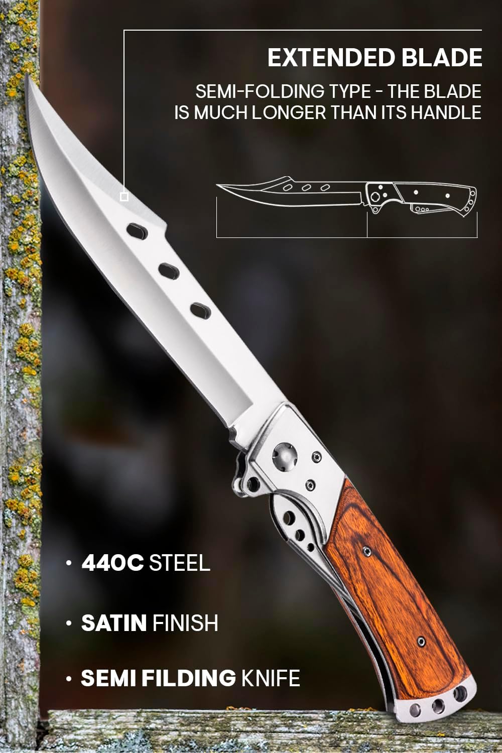 Long Blade Folding Knife - Sharp Hunting Hiking Camping Tactical Survival Work Knives for Men Women - Foldable Large Knife with Rosewood Handle - Fathers Gifts Idea - Mens Gift Ideas from Daughter, Son, Wife - Presents for Men 4172