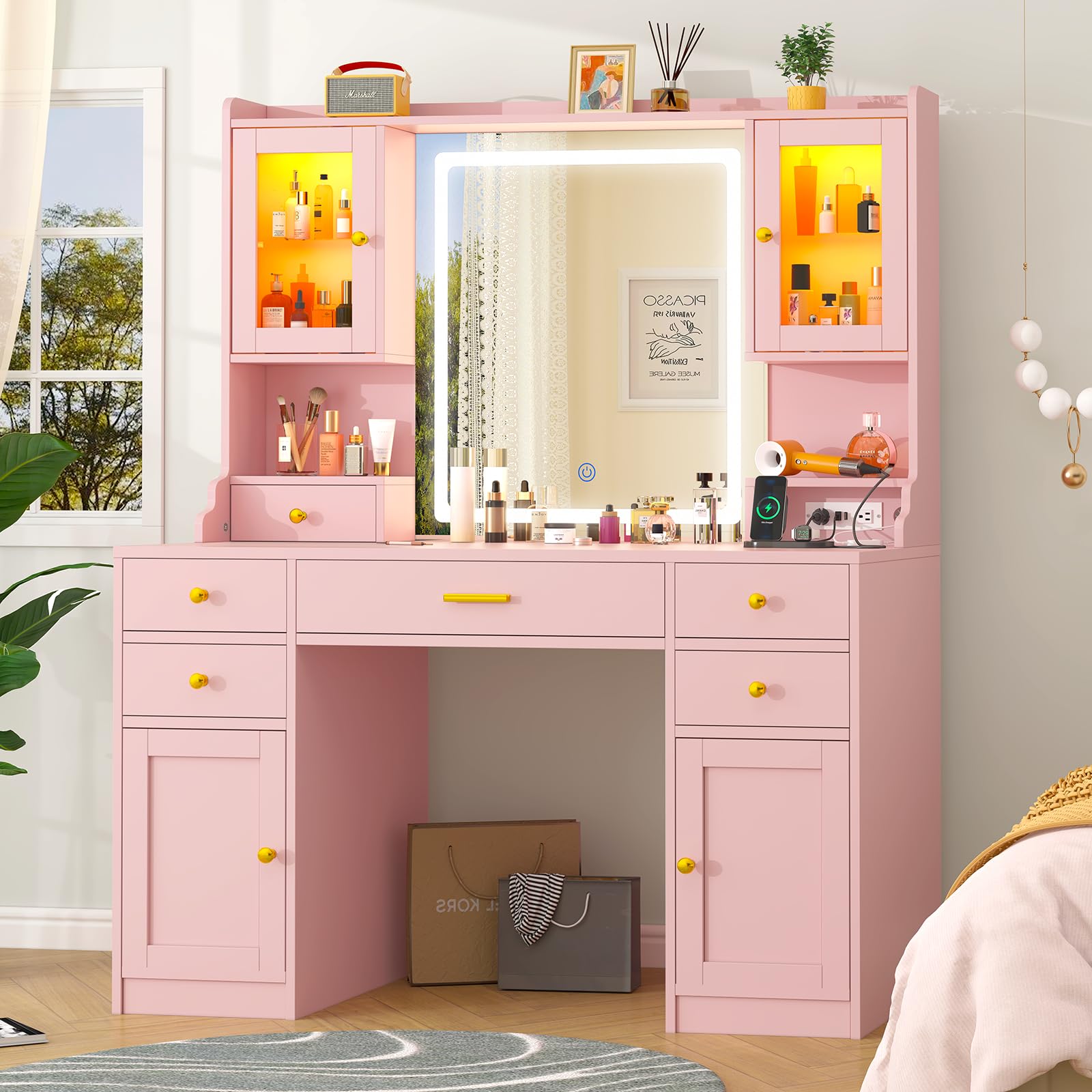 White Makeup Vanity Desk with Mirror and Lights, Large Vanity Table Set with Charging Station, Dressing Table with RGB Cabinets, Makeup Vanity Mirror with Lights Desk and Drawers, 3 LED Lights Modes