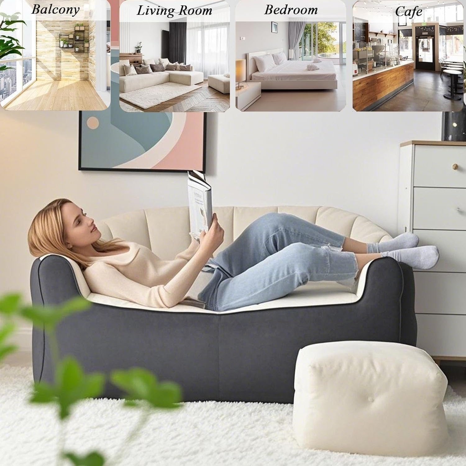 Large Bean Bag Chair for Adults with Footrests - 45in Oversized Comfy Gray or Beige Beanbag Sofa, Double Needle Sewing & Storage Bag, Bean Bag Couch for Living Room, Bedroom, Dorm & Outdoor(Beige)