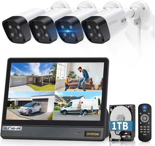 《130°Wide Angle & All-in-One Monitor》Outdoor Security Camera System, IP Wired Cameras, 4K Video Surveillance for Home