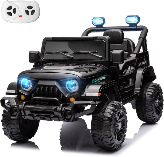 12V Kids Electric Ride on Truck Car Remote Control, Twin 35W Motors 3.5MPH Max Speed, Bluetooth USB Music Player, 4 Wheels Suspension LED Lights Safety Belt, Gift for Boy & Girl-Black