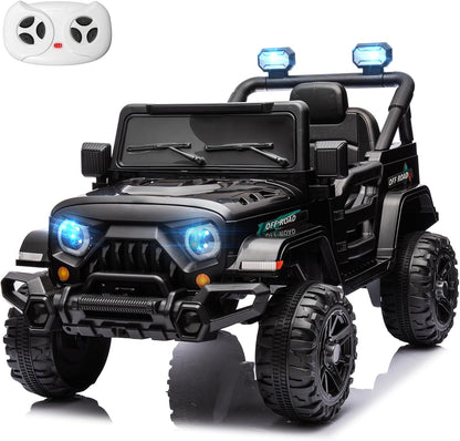 12V Kids Electric Ride on Truck Car Remote Control, Twin 35W Motors 3.5MPH Max Speed, Bluetooth USB Music Player, 4 Wheels Suspension LED Lights Safety Belt, Gift for Boy & Girl-Black