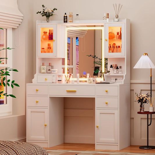 White Makeup Vanity Desk with Mirror and Lights, Large Vanity Table Set with Charging Station, Dressing Table with RGB Cabinets, Makeup Vanity Mirror with Lights Desk and Drawers, 3 LED Lights Modes