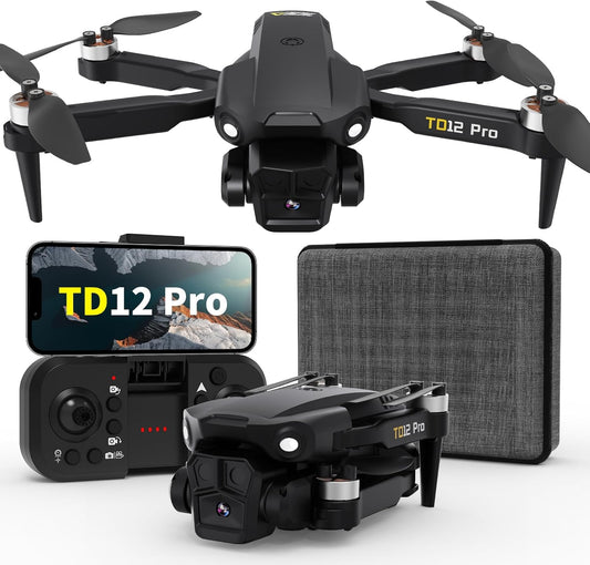 TD12Pro Foldable Drone with Camera 4K HD for Adults, Brushless Motor RC Drone with 90° Adjustable Lens, Level 3 Wind Resistance, Optical Flow Positioning, Beginner-Friendly Features