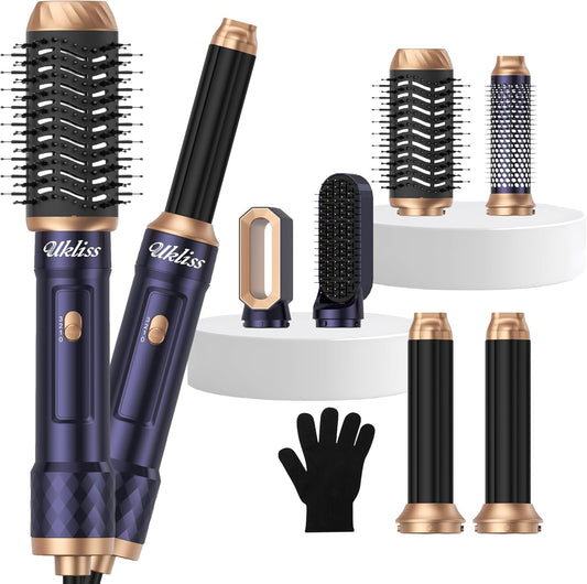 6 in 1 Hair Dryer Brush，Blow Dryer Brush Ionic Hair Dryer，Multi Hair Styler for Fast Drying Styling Curling Straightening Volumizing (Blue Gold)