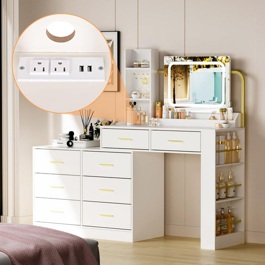 Pamapic 67" Vanity Desk with Mirror and LED Lights, Golden Handles 15 Storage Spaces White Vanity D, 8 Drawers Makeup Desk with Upgraded Silent Slides, Adjustable Width Dresser with Mirror Gift