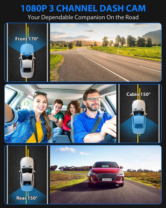 Dash Cam Front and Rear, 1080P Dash Camera for Cars, 3 Channel Car Camera Front Rear and Inside with 32GB Card, Loop Recording, Night Vision, HDR, G-Sensor, 24Hr Parking