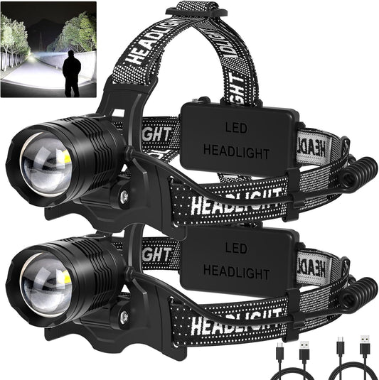 azamine LED Headlamp Rechargeable 2Pack, 3000 Lumens Bright Head Lamp, 90° Adjustable Head Lights for Forehead with 3 Modes, Long Runtime & Waterproof Headlamps for Adults Camping Hiking