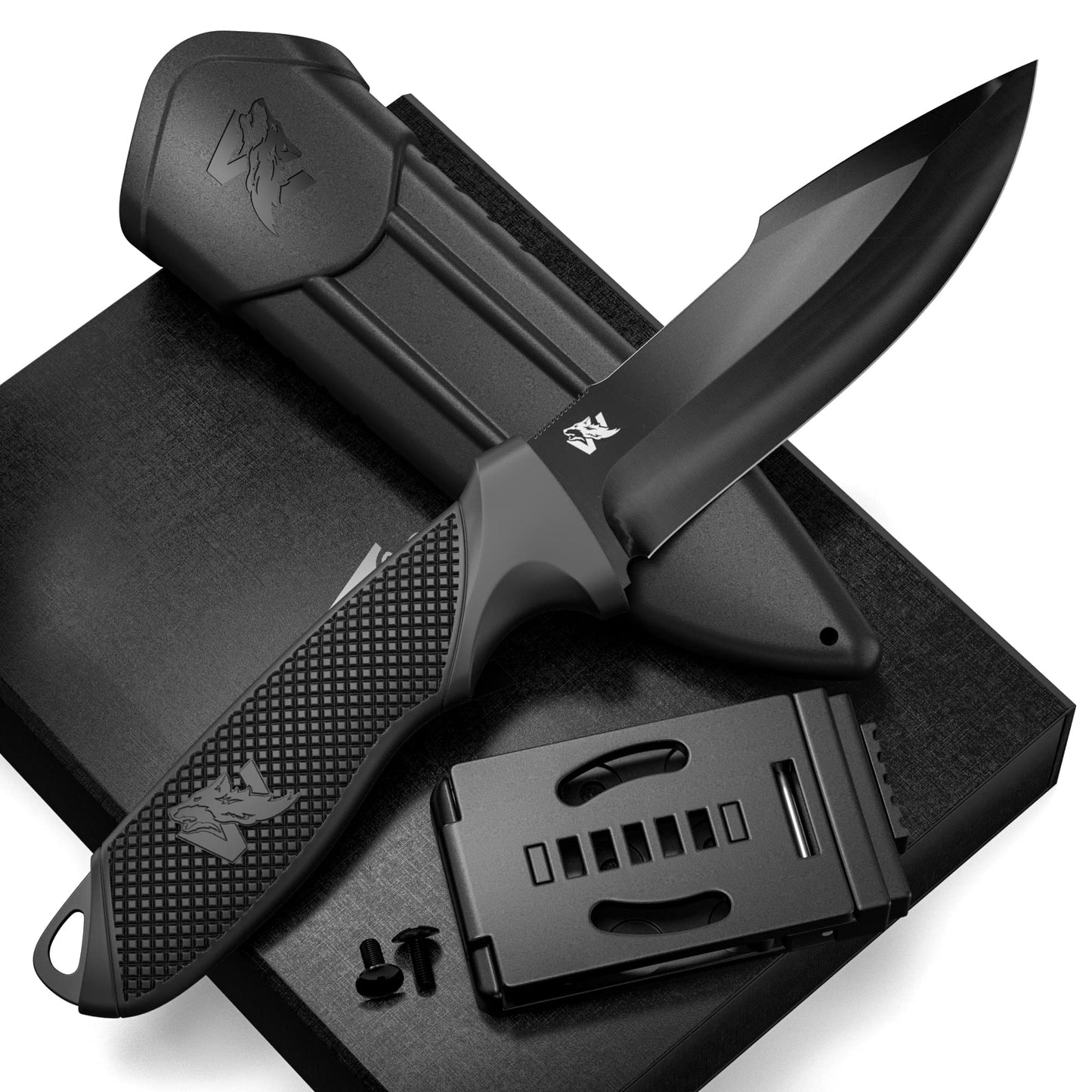 WOLF-III Full Tang Survival Knife with Fire Starter and Sheath - Stylish Tactical Fixed Blade - Made of D2 Steel - Bushcraft and Camping Knife - With Belt Loop, Plug Lock & Multi Lok
