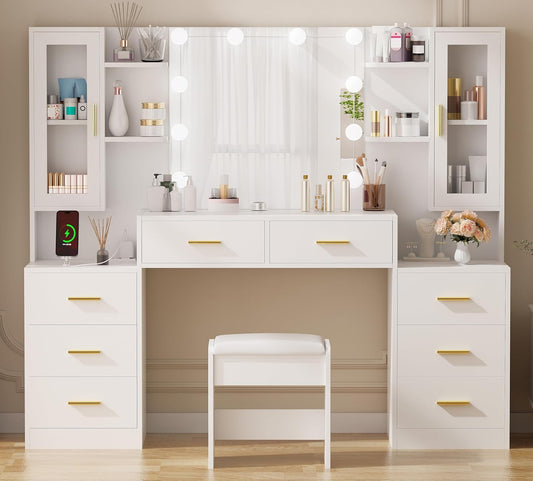 ANWBROAD 59.1" Large Vanity Desk Table with Mirror & Lights White Makeup Vanity with Power Outlet and 8 Drawers 2 Cabinets 3 Lighting Modes Adjustable Vanity Table for Bedroom Dressing Room UBDT67W