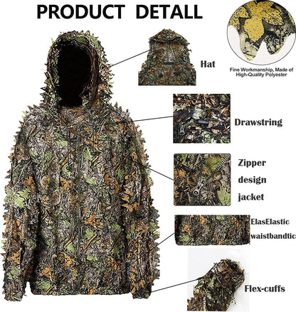 Ghillie Suit, 3D Leafy Camo Hunting Suits Breathable Woodland Gillies Costume Jungle Clothing