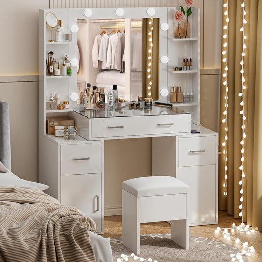 Makeup Vanity Desk with Lights, Glass Top Vanity with Charging Station, Vanity Mirror with 9 LED Lights Desk, Nightstand, Vanity Set with Storage Bench, 3 Lighting Modes Brightness Adjustable,White