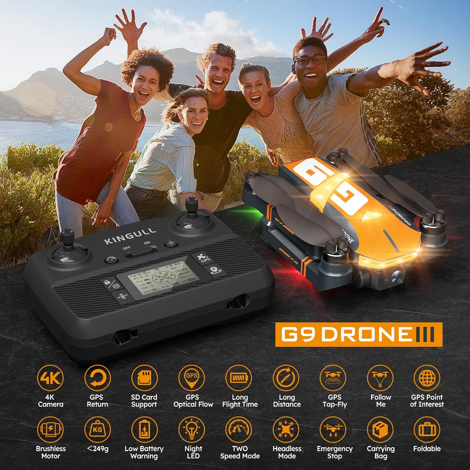 GPS Drones with 4K Camera for Adults with Brushless Motor and Follow Me Mode,Long Flight Time and Distance,5G FPV Transmission and Auto Return,G9 Foldable RC Quadcopter for Beginner and Kids,Under249g (Dark gray)