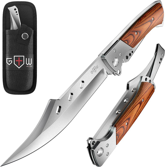 Long Blade Folding Knife - Sharp Hunting Hiking Camping Tactical Survival Work Knives for Men Women - Foldable Large Knife with Rosewood Handle - Fathers Gifts Idea - Mens Gift Ideas from Daughter, Son, Wife - Presents for Men 4172