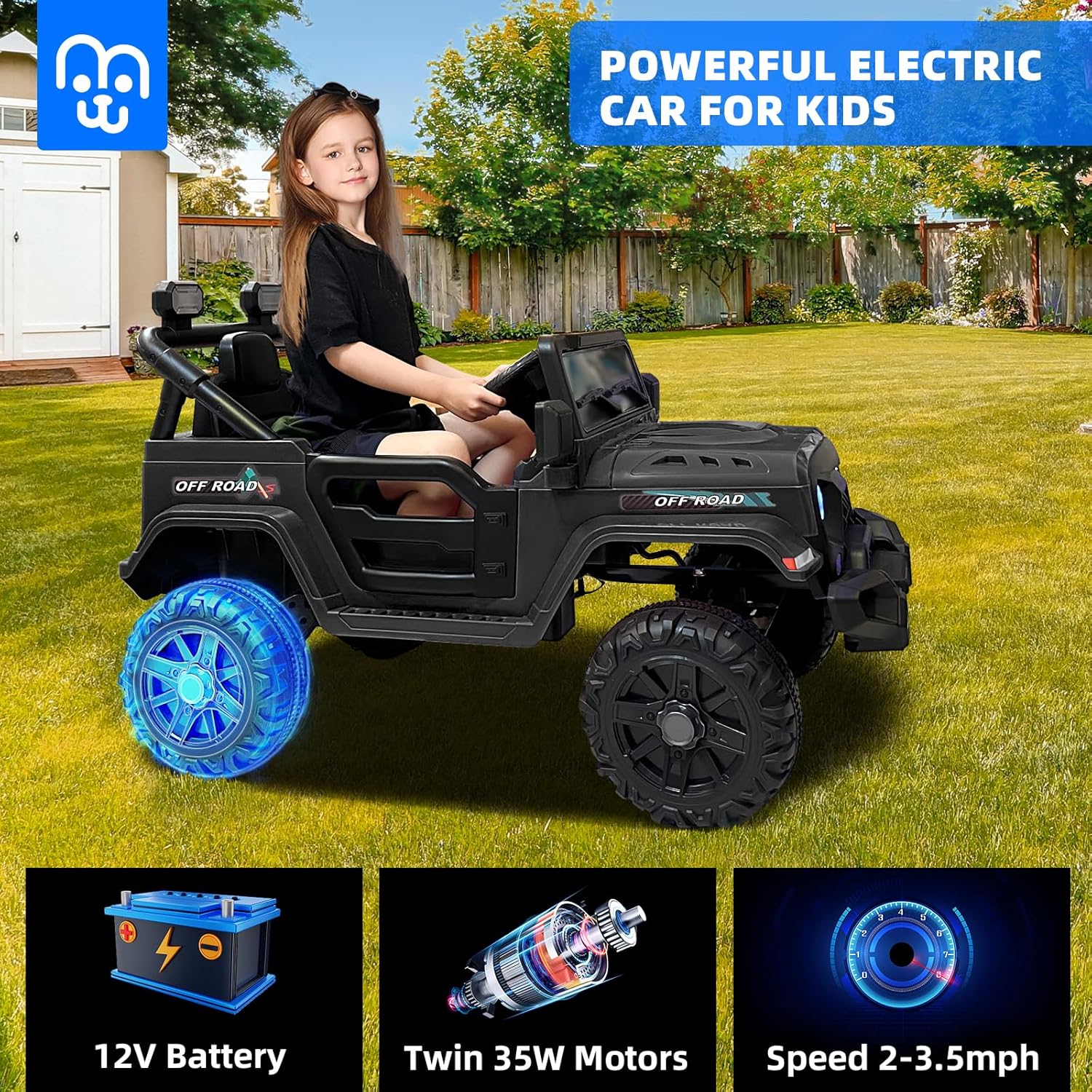 12V Kids Electric Ride on Truck Car Remote Control, Twin 35W Motors 3.5MPH Max Speed, Bluetooth USB Music Player, 4 Wheels Suspension LED Lights Safety Belt, Gift for Boy & Girl-Black