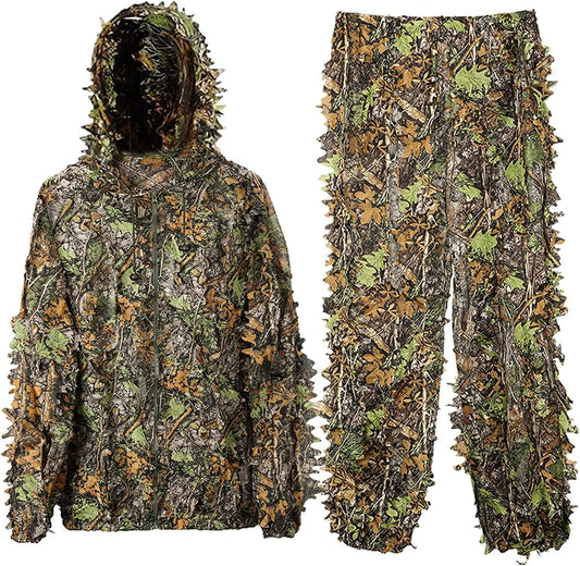 Ghillie Suit, 3D Leafy Camo Hunting Suits Breathable Woodland Gillies Costume Jungle Clothing