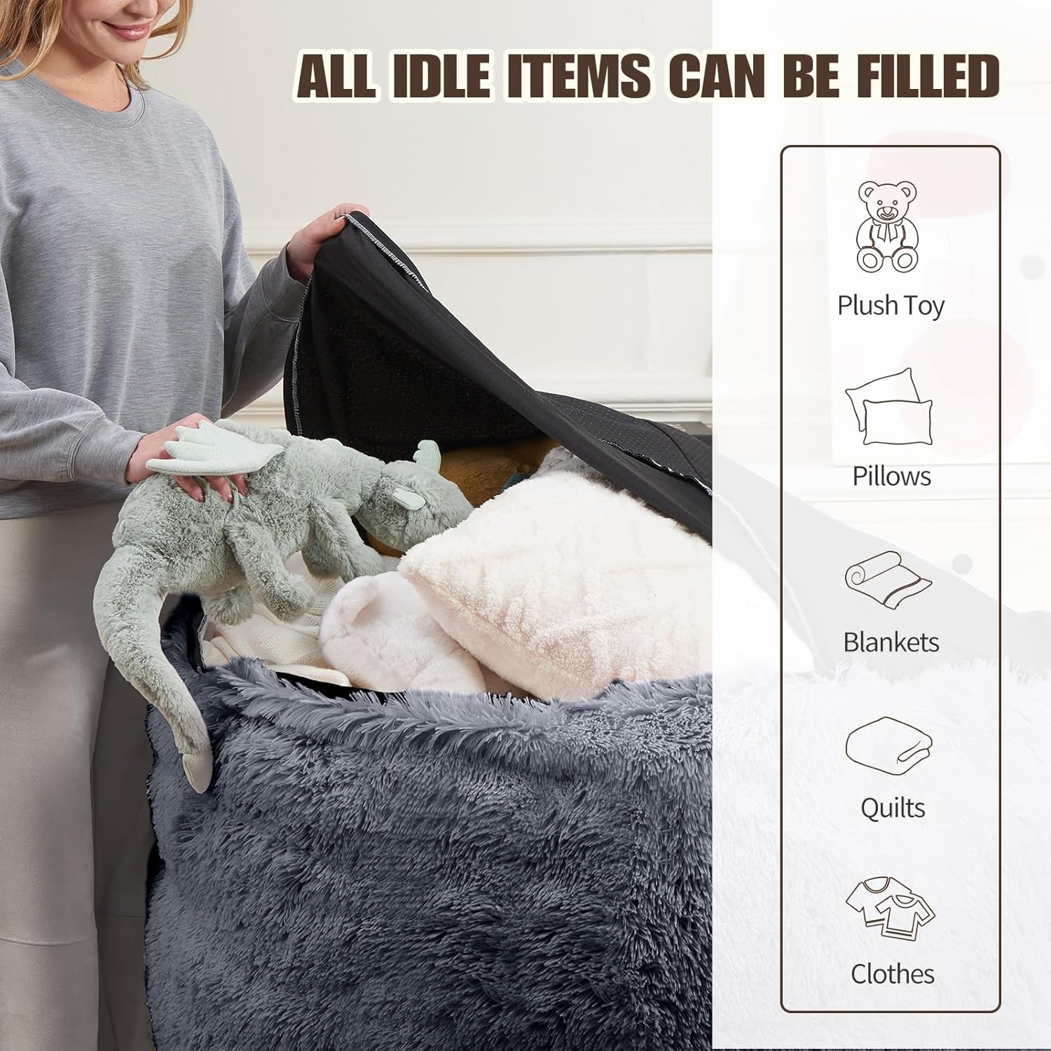 Bean Bag Chair Cover(No Filler) Soft Faux Fur Stuffed Animal Bean Bag Storage, Fluffy Plush Bean Bag Chair Cover Washable, Comfy Bean Bag Chairs for Adults Kids Teens