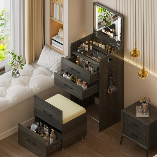 HNEBC 3 in 1 Vanity Desk with Plip Top LED Mirror,Small Dressing Table Set with Visible Glass Desktop,Compact Vanity with 3 Drawers,Storage Compartment and Padded Stool,for Bedroom(Rustic Oaky)