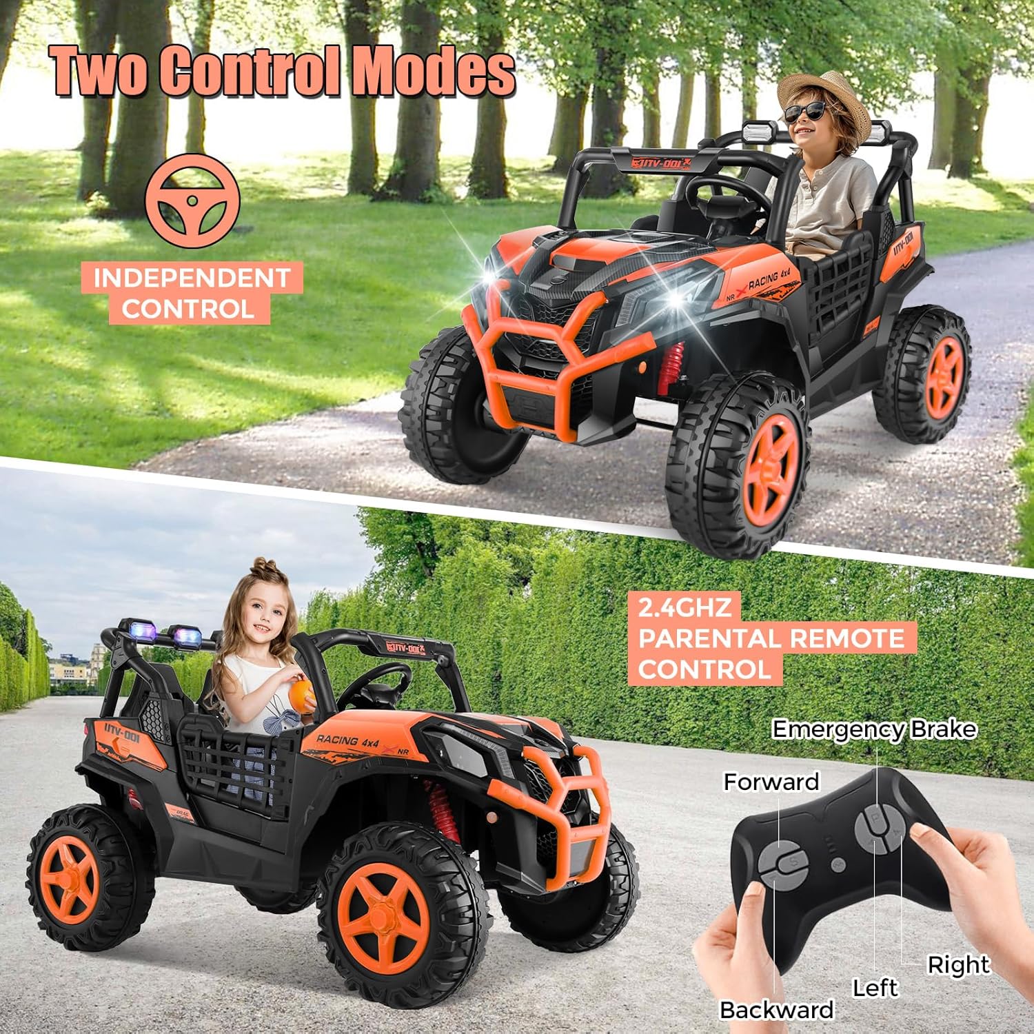Hikole Battery Operated Ride on Toys for Toddlers, 24V Power Car Wheels, XL 2 Seater, 3 Speeds, 2/4WD Switchable, Multi-Terrain Driving, 20 Inch Large Seat, Marquee Taillights, Gift, Orange