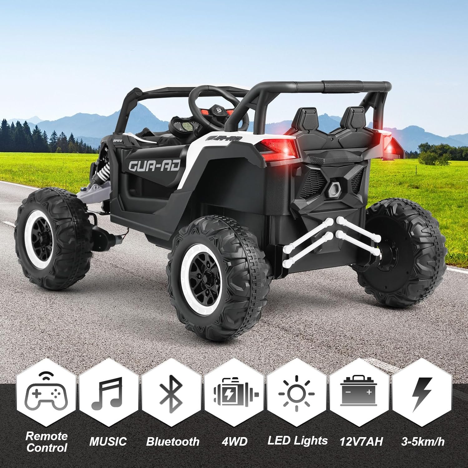 4WD Ride On Car, JOYLDIAS12V Battery Powered Electric Off-Road UTV for Kids, 4X4 Electric Vehicle with 4 Powerful Engines, 2.4G Remote Control, Music, Bluetooth, LED Lights for Boys and Girls, White