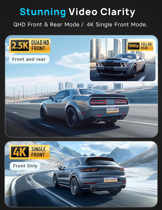 Navycrest 5G WiFi, Dash Cam Front and Rear 2.5K+1080P, Single Channel 4K-2160P, Free 64GB Card, Dash Camera for Cars, Car Camera, Dashcams for Cars Front and Rear, Gravity Sensor, 24H Parking Mode