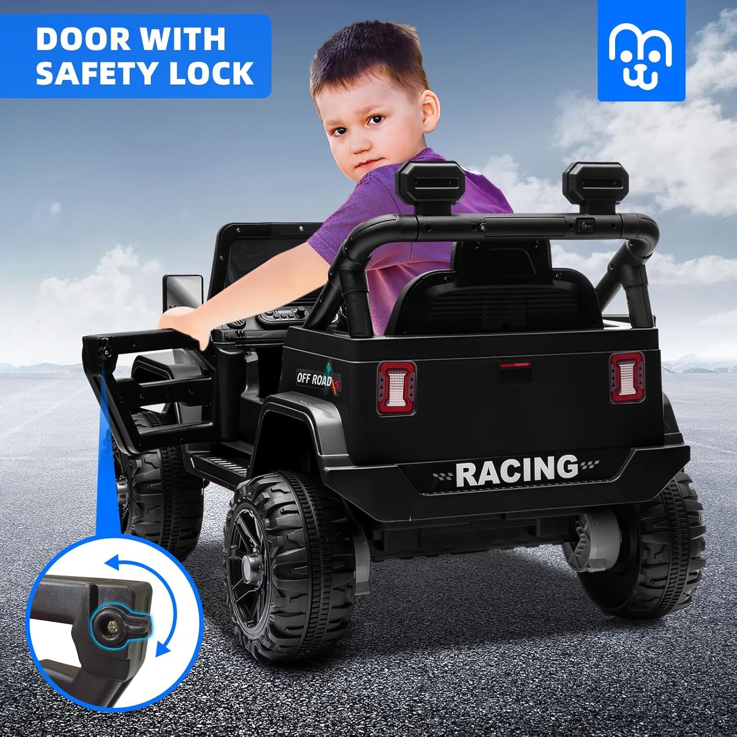 12V Kids Electric Ride on Truck Car Remote Control, Twin 35W Motors 3.5MPH Max Speed, Bluetooth USB Music Player, 4 Wheels Suspension LED Lights Safety Belt, Gift for Boy & Girl-Black