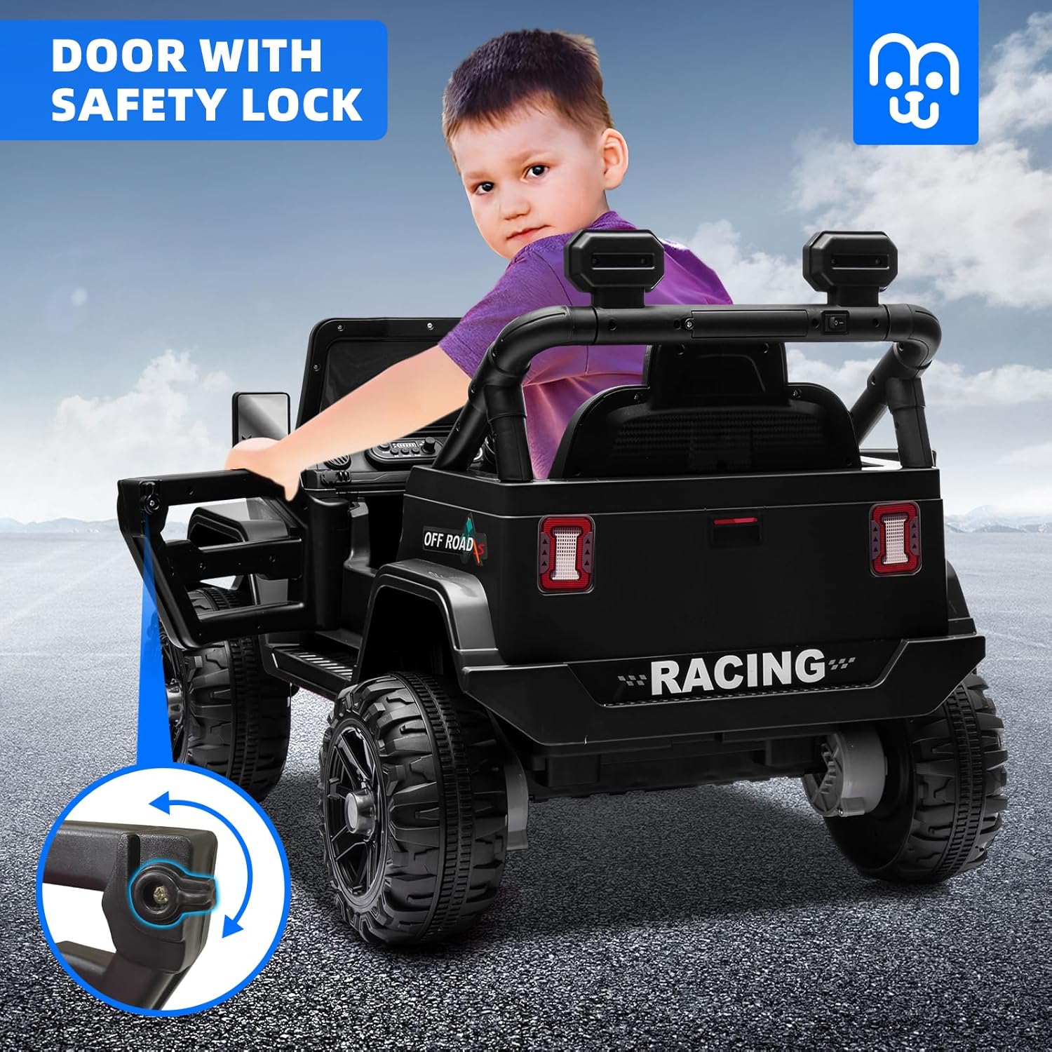 12V Kids Electric Ride on Truck Car Remote Control, Twin 35W Motors 3.5MPH Max Speed, Bluetooth USB Music Player, 4 Wheels Suspension LED Lights Safety Belt, Gift for Boy & Girl-Black