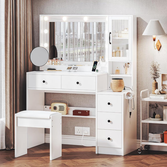 Makeup Vanity with Lights & Charging Station, White Vanity Table with 5 Drawers & Open Storage Shelves, Vanity Desk with Mirror & Lights, Dressing Table Set, Bedroom Makeup Table Set Black Handle