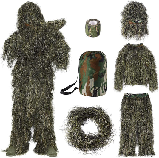 Seeutek 6 in 1 Ghillie Suit, 3D Camouflage Hunting Apparel Including Jacket, Pants, Hood, Carry Bag and Camo Tapes